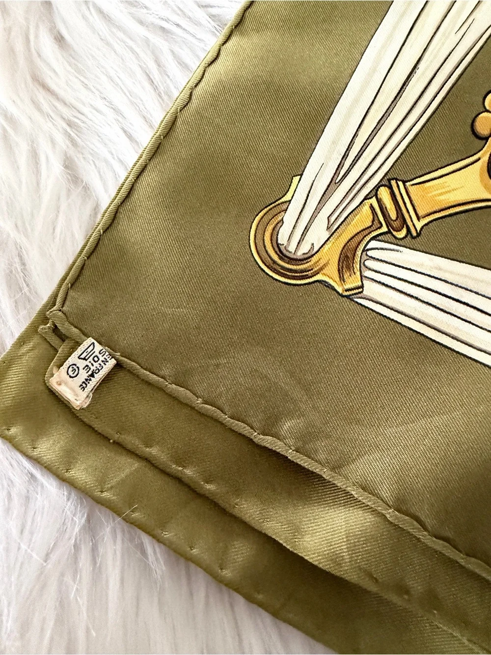 Hermes Etriers Silk Scarf with Gold Equestrian Hardware Print in Olive and Cream - Picture 4 of 16